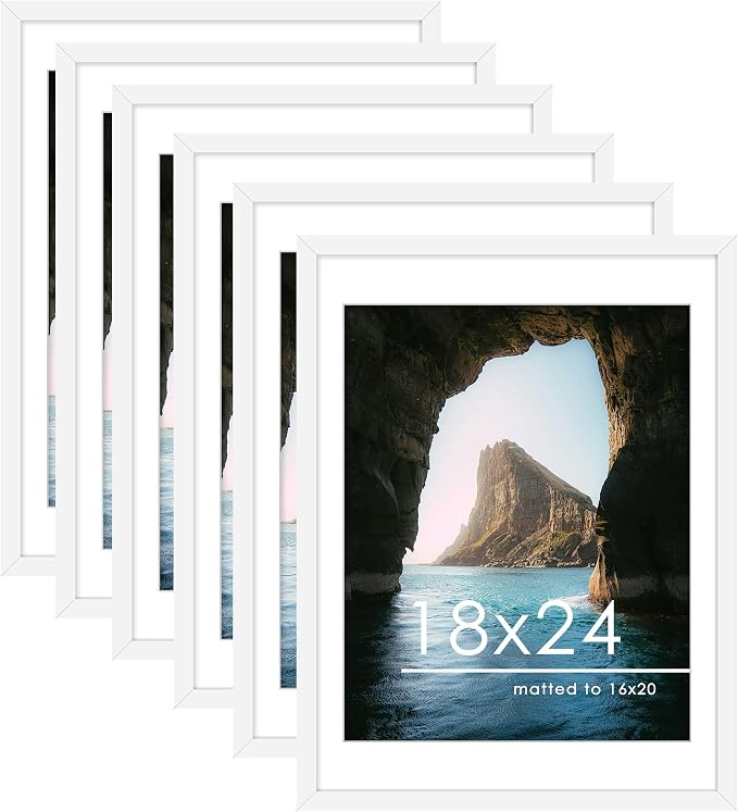 18x24 Poster Frame Set of 6, Wall Mount Display, White | Display Pictures 16x20 with Mat or 18x24 Without Mat, Horizontal or Vertical, Gallery Wall Frame Set, Wedding Birthday Gifts