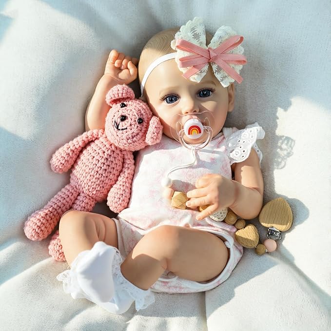 SCOM 18" Realistic Reborn Baby Girl Doll, Weighted Soft Cloth Body & Poseable Vinyl Limbs, Hand-Painted Details, Feeding Set, Lifelike Newborn Gift for Kids 3+ / Collectors