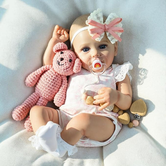 SCOM 18" Realistic Reborn Baby Girl Doll, Weighted Soft Cloth Body & Poseable Vinyl Limbs, Hand-Painted Details, Feeding Set, Lifelike Newborn Gift for Kids 3+ / Collectors