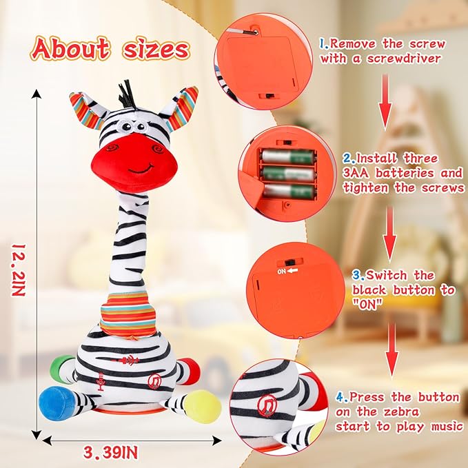 LUKETURE Dancing Talking Zebra Plush, Interactive Stuffed Animal Toy, Musical Plush with Record & Repeat, Sings 10 Songs, LED Lights