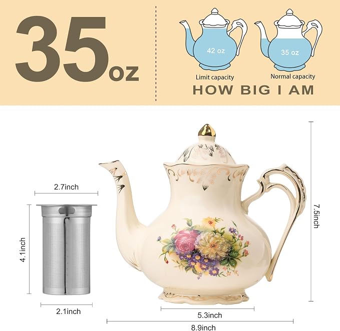 YOLIFE Flowering Shrubs Teapot, 35 OZ /4 Cup Vintage Ivory Porcelain Tea Pot with Infuser for Loose Leaf Tea, Floral Teapot with Gold Trim
