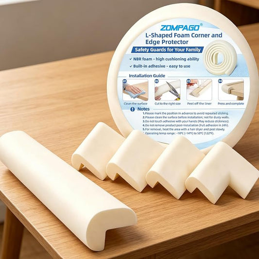ZOMPAGO Baby Edge Protector Roll (6.56FT) & 4 Corner Guards - White Foam Furniture Corner Protectors - Baby Proof Corners and Edges for Table, Wall, Bed Frame - Baby Proofing Safety Bumpers