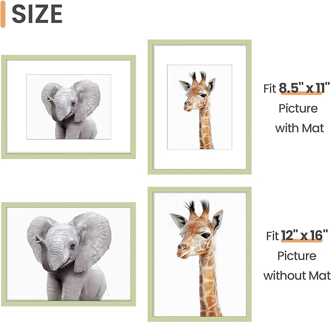 upsimples 12x16 Picture Frame, Display Pictures 8.5x11 with Mat or 12 x 16 Without, Wall Hanging Poster Frames, Green, 1 Pack