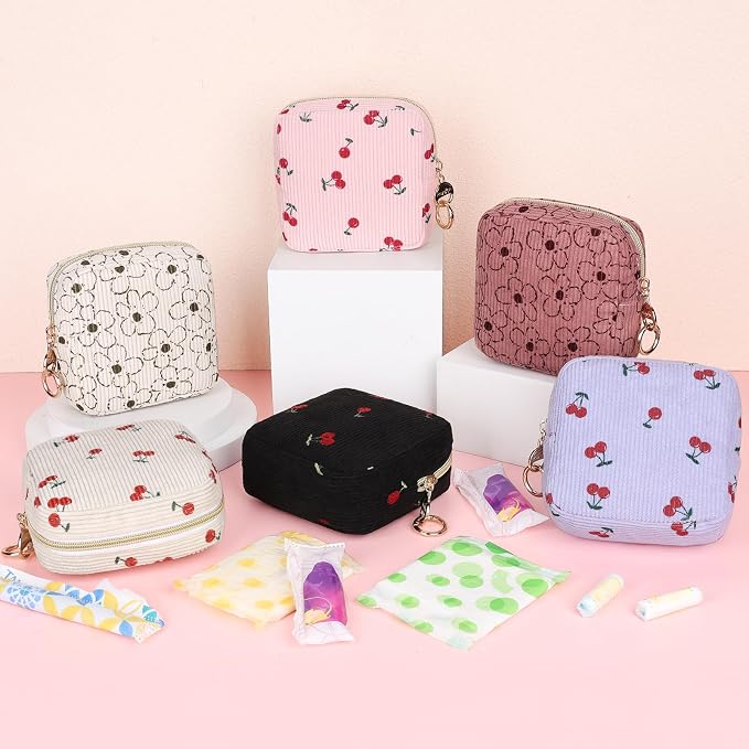 Period Bag for Teen Girls, Corduroy Sanitary Napkin Storage Bag, Menstrual Pad Pouches Tampon Holder for Purse (Cherry-Light Purple)