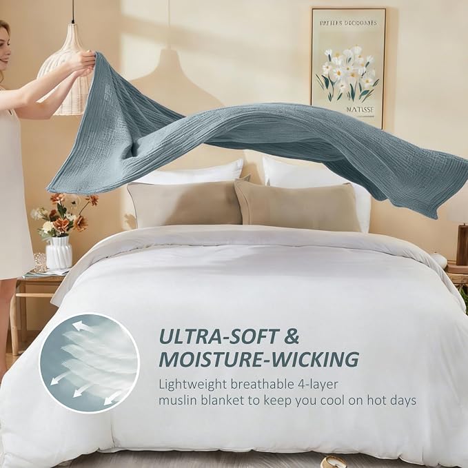 EMME Cotton Muslin King Blanket Bed Layering Bedspread Coverlet Breathable Gauze Blanket Soft Lightweight (Heather Teal, 108"x90")