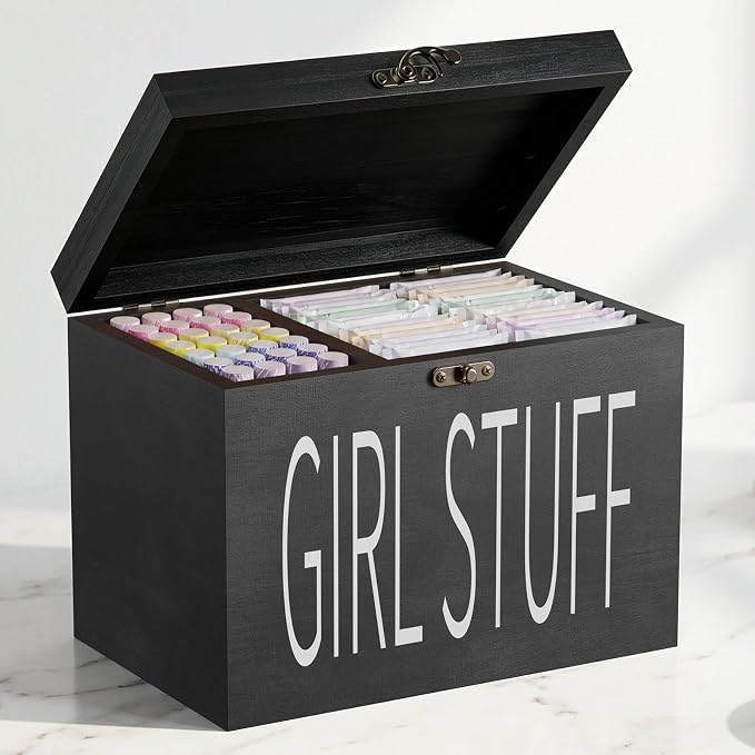 Wood Tampon Holder Box with Lid, Feminine Product Organizer, Girl Stuff Box for Bathroom & Vanity Counter, Tampon Storage, Bathroom Period Products, Toilet Organizer, Ideal Gift for Girl