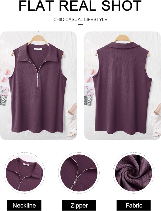 Vivilli Womens Ribbed Tank Top Zipper V Neck Dressy Casual Blouses Sleeveless Camisole Tops Work Tank Polo Shirts