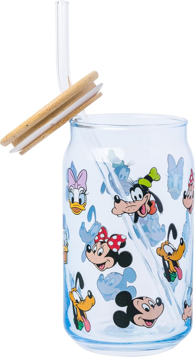 Silver Buffalo Mickey and Friends Pattern Glass Tumbler with Bamboo Lid and Glass Straw Featuring Minnie Mouse, Pluto, Goofy, Daisy Duck, Donald Duck, and Mickey Mouse, 16 Ounces