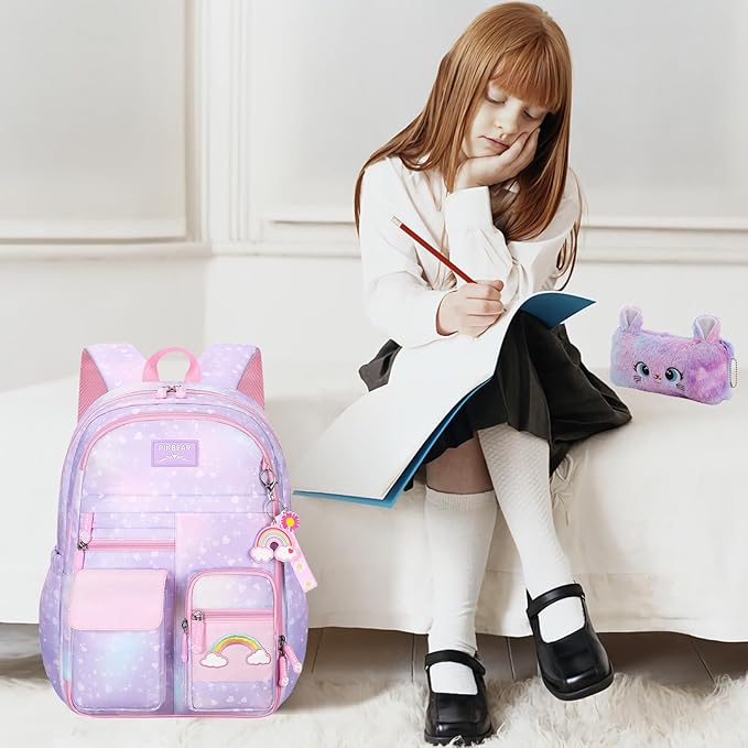 Rainbow Backpack For Girls Kids,Cute Student School Backpack With Pen Bag,Aesthetic Starry Rainbow Laptop Travel Bag
