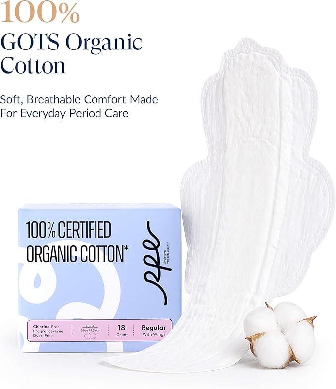 RPE Life 100% GOTS Organic Cotton Menstrual Pads with Wings, 108 Count | Value pack menstrual pads with wings; breathable, skin-friendly comfort for active days and daily period protection.