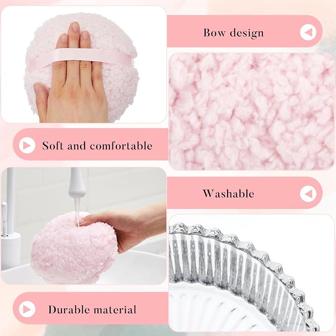 Tioncy 2 Set Extra Large Body Powder Puff and Container, 6'' Washable Vintage Decorative Crystal Powder & Container Gift for Bathroom Counter & Feminine Vanity Decor(Classic,Dazzling and Clear)
