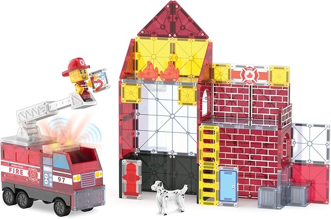 MAGNA-TILES Fire Station 50-Piece Magnetic Construction Set, The Original Magnetic Building Brand