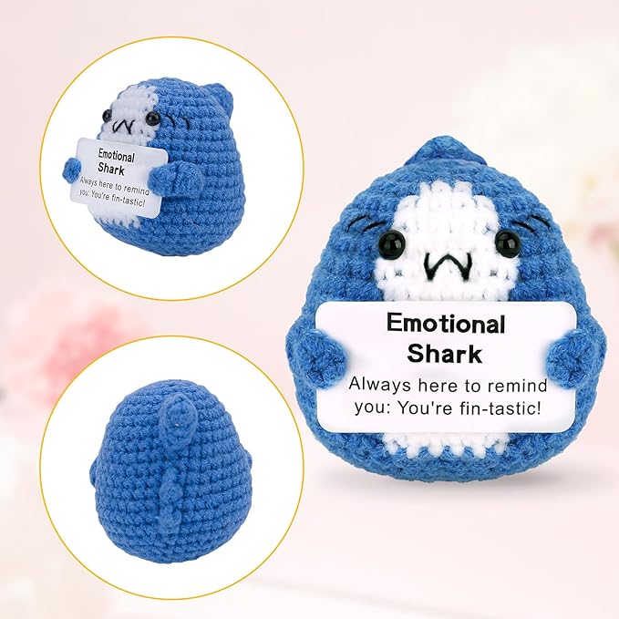 Hoedia Handmade Emotional Pickle Gift, Cucumber Crochet Doll Inspirational Gifts with Cards, Cute Knitted Funny Support Pickle Potato Friend Birthday (Emotional Shark)