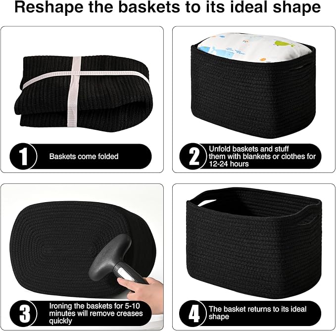 ICERZCZ Black Storage Baskets for Organizing Shelves, Toy Basket for Nursery, Woven Cotton Rope Basket for Decor, Towel Baskets for Bathroom, 15"x11"x9.5", 3 Packs, Black