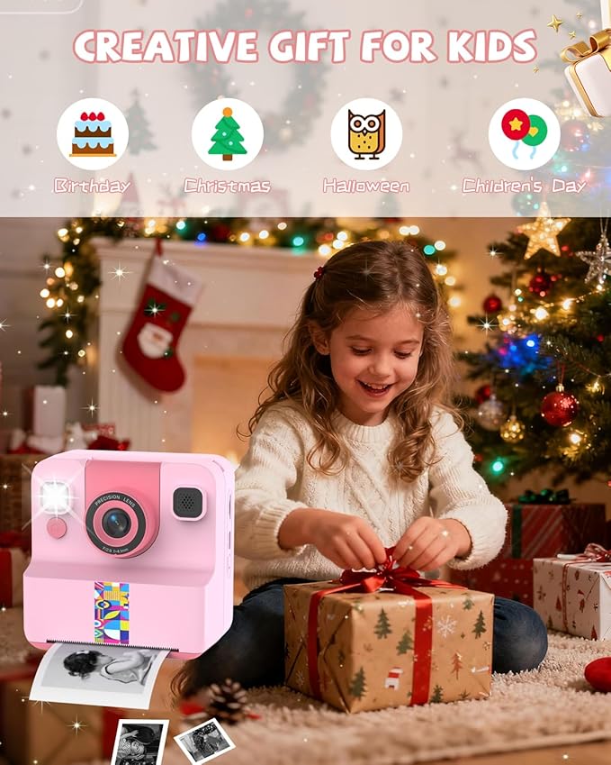 Kids Camera Instant Print, Digital Camera for Kids, 180° Rotating Selfie Lens with 32GB SD Card & 2 Rolls Printing Paper Kids Toy Birthday Gifts for Boys Girls Ages 3-12, Pink