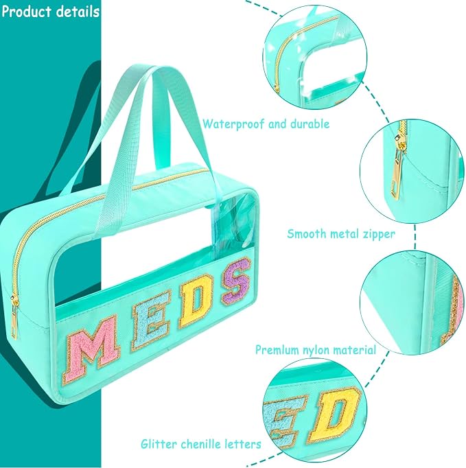 Bunliuys Chenille Letter Clear Makeup Bag Meds Patch, Travel Toiletry Makeup Bag with Handle, Nylon Waterproof Makeup Bags clear cosmetic bag, preppy patch makeup bag for Women (MEDS-Mint Green)