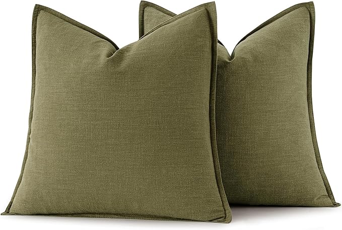 MIULEE Decorative Linen Pillow Covers 18x18 Inch Green | Boho Farmhouse Neutral Couch Throw Pillows for Bed, Pack of 2 Accent Modern Pillowcases, Sofa Livingroom Home Decor