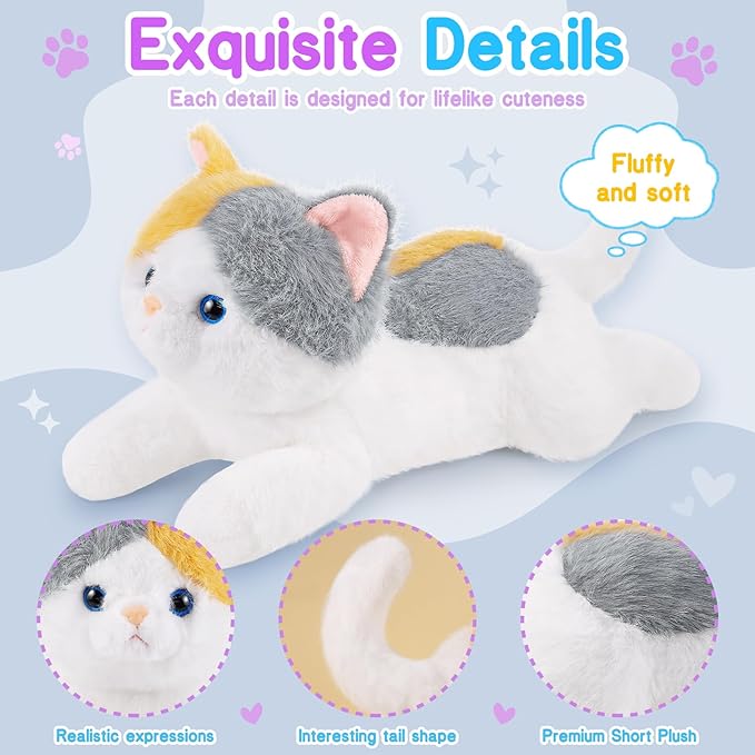 17.8 Inch Cat Plush Stuffed Animal Long Cute Cats Pillow Soft Doll Stuffed Cute Toys Animals Lover Gift Kid Birthday Holiday Party Favor(Calico Cat)