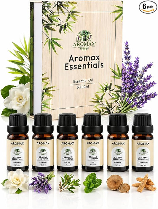 Aromax 6 Pack Essential Oils Gift Set Lavender, Mint, Sandalwood, Teakwood, Tea Tree & Gardenia for Relaxation, Sleep & Stress Relief Aromatherapy Oils for Diffuser, Spa, Home, Meditation & Self-Care