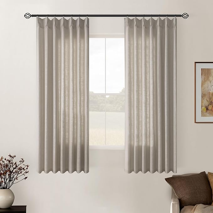 Burlywood Birch Pinch Pleated Linen Semi Sheer 54 Inch Curtains 2 Panels | for Dining Room Bedroom, Memory Training Shaped, Pinch Pleat Drapes with Hooks Rings, Light Filtering Window Curtain 40x54
