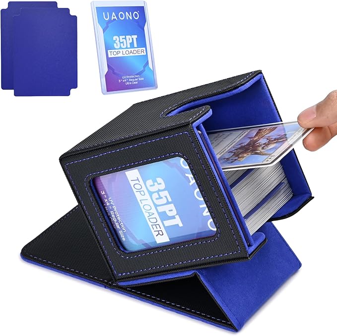 UAONO Card Deck Box with MTG Commander Display, Deck Case Holds 100+ Double-Sleeved Cards, Trading Card Storage Box Fits TCG/PTCG/Sports Card with 2 Dividers, 1 Top Loaders (Black, Blue)