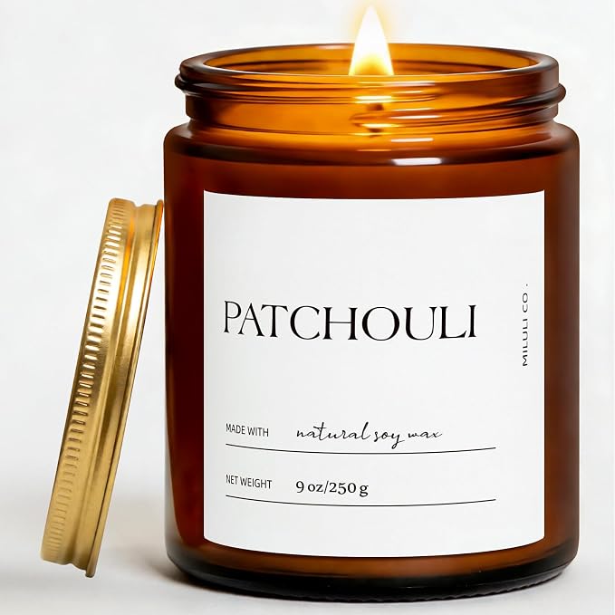 Patchouli Scented Soy Candle for Home, Natural Aromatherapy Candles with Essential Oils, Nontoxic Clean Burn, Strong Balanced Scent, 50 Hour Longlasting, Amber Jar Candel for Women Men(9oz)
