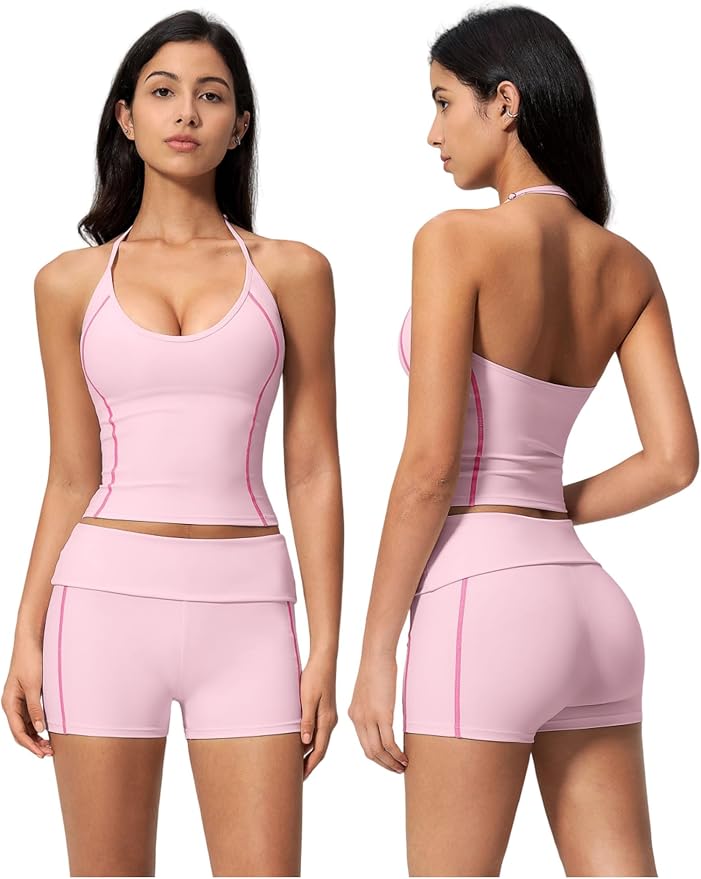 QBGJTD Women 2 Piece Workout Set Color Block Open Back Halter Top and High Waist Booty Lifting Shorts Yoga Outfit