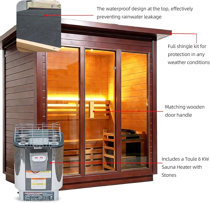 Outdoor Sauna 3 Person, Luxurious Steam Canadian Red Cedar Sauna Room with 6KW ETL Toule Heater, Traditional Backyard Sauna Spa with Asphalt Shingles, Sauna Accessories for Home & Garden