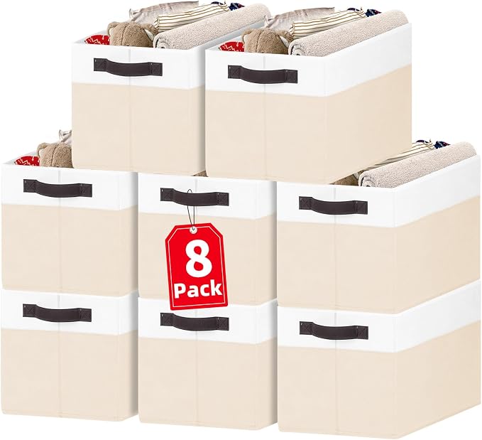 8 Pack Large Storage Basket, Fabric Blanket Basket Living Room, Toy Organizers and Storage with Handles for Kids, Laundry Basket for Clothes Towel, Yarn and Craft Storage Bins (14L*10W*9.5H)