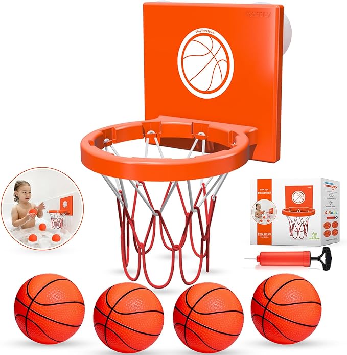 MARPPY Bath Toys - Bathtub Basketball Hoop for Kids, Toddlers - Suction Cup Basketball Hoop and 4 Soft and No Hole Balls - Baby & Toddler Mini Basketball Hoop - Boys & Girls