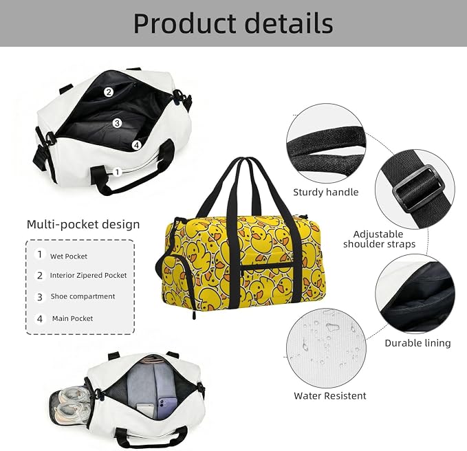 Fiokroo Sports Gym Bag Cute Rubber Ducks Travel Duffel Bag For Men Women With Shoe Compartment Water Resistant Gym Bag Carry On Duffel Bag For Weekend Traveling Yoga Gym Sports