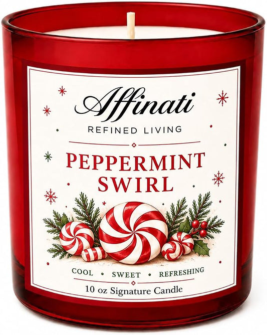 Affinati Peppermint Swirl 10 oz Scented Candle – Long Lasting Holiday Soy Blend Candle for Home, Strong Scent Throw Fresh Sweet Mint Aromatherapy Candle, Clean Burning Winter Gift for Women