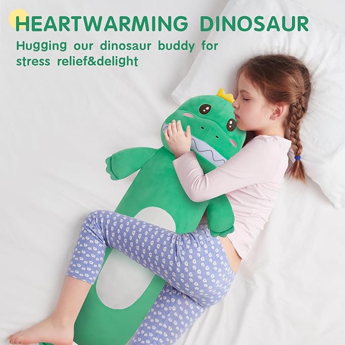 36” Large Dinosaur Plush Long Pillow, Cute Green Extra Dinosaur Stuffed Animals, Big Soft Body Pillow Squishy Plushies Toy, Gifts for Kids Boys Girls, Birthdays