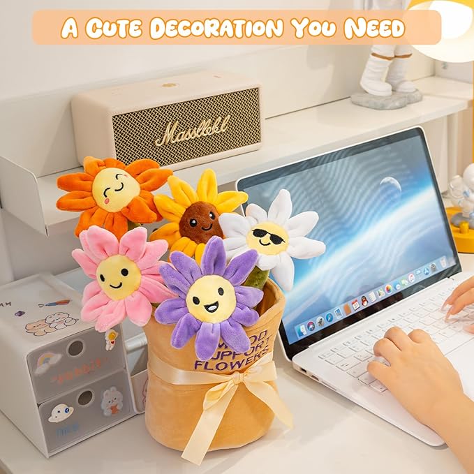 Mood Support 5 Bendable Flower Plush Bouquet in Basket| Emotional Encouraging Support Stuffed Animals Toys, Squishy Daisy & Sunflower Stems | Valentine's Day Gifts for Her, Wife, Girlfriend
