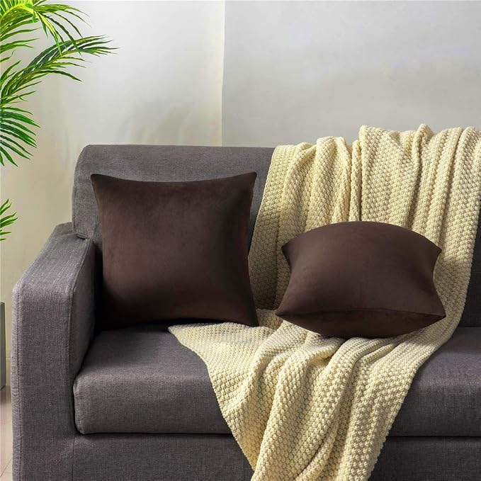 Throw Pillow Covers 16x16 Chocolate Brown: Pack of 2 Cozy Soft Velvet Square Modern Luxury Decorative Throw Pillow Cases for Sofa Couch Living Room Bed Home Decor