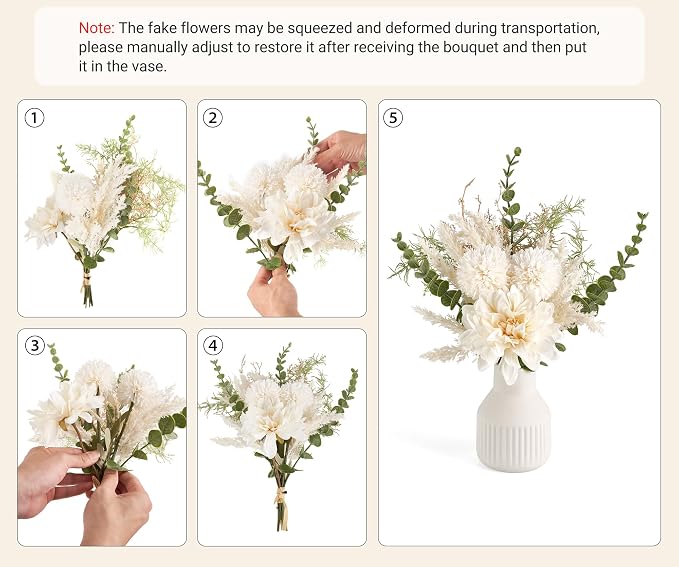 Mkono Fake Flowers in Ceramic Vase, 12.5" Coffee Table Centerpieces, White | Table Decor with vase, Small Silk Faux Artificial Flower Arrangements, Fits Bathroom Dining Room Kitchen Home Indoor Decor