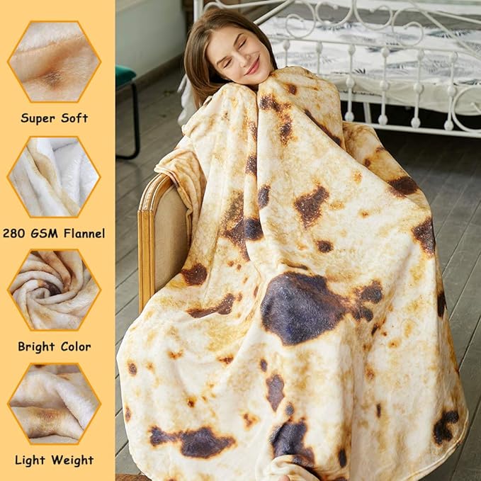 SeaRoomy 80 in Burrito Tortilla Blanket, Funny Oversized Blanket, Brown | Novelty White Elephant Christmas Birthday Gifts, Gag Gifts for Adult Women Men, Soft & Warm Fluffy Flannel, Double Sided