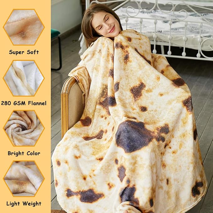 SeaRoomy Burrito Tortilla Blanket, Funny Food Throw Blanket, 47in，Brown | White Elephant Gifts, Gag Gifts For Teen Boys & Girls, Novelty Christmas Birthday Presents, Double Sided, Soft Flannel