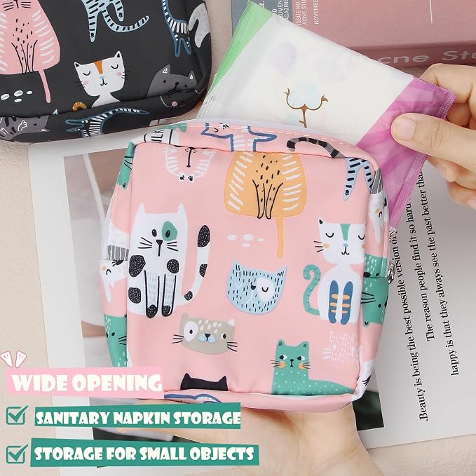 Sanitary Pad Storage Bag Portable Period Bag for Teen Pads/Sanitary Napkins/Small Tampons, Sanitary Napkin Storage Bag First Period Gifts for Teen Girls (Grey Cats)