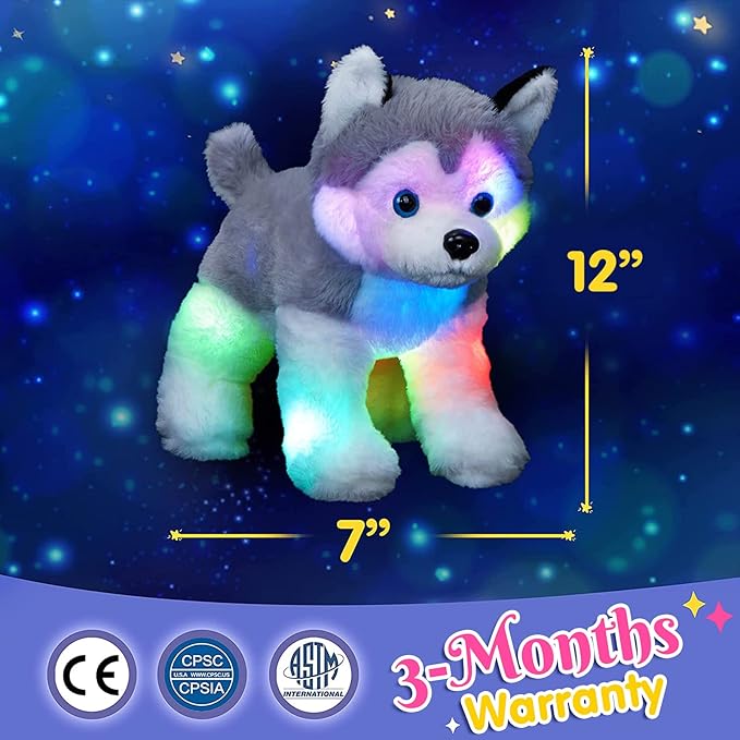 BSTAOFY 12’’ Light up Husky Puppy Stuffed Animal Realistic LED Dog Soft Plush Toy with Night Lights Glow in The Dark Birthday Valentines Christmas for Toddler Kids