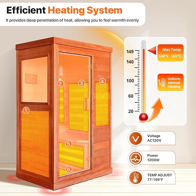 OUTEXER Far Infrared Sauna Home Sauna Spa Room Low-EMF Wood 1200W Indoor Saunas with 7 Color Light Tempered Glass Door, Room:35.2 * 27.6 * 61.6Inch