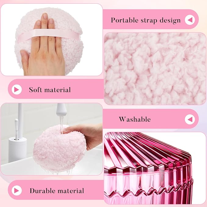 Tioncy 2 Pcs Extra Large Dusting Powder Puff and Container for Women-6'' Glass Crystal Dusting Powder Container with Body Soft Washable Reusable Velour Face(Rose Red,Classic)