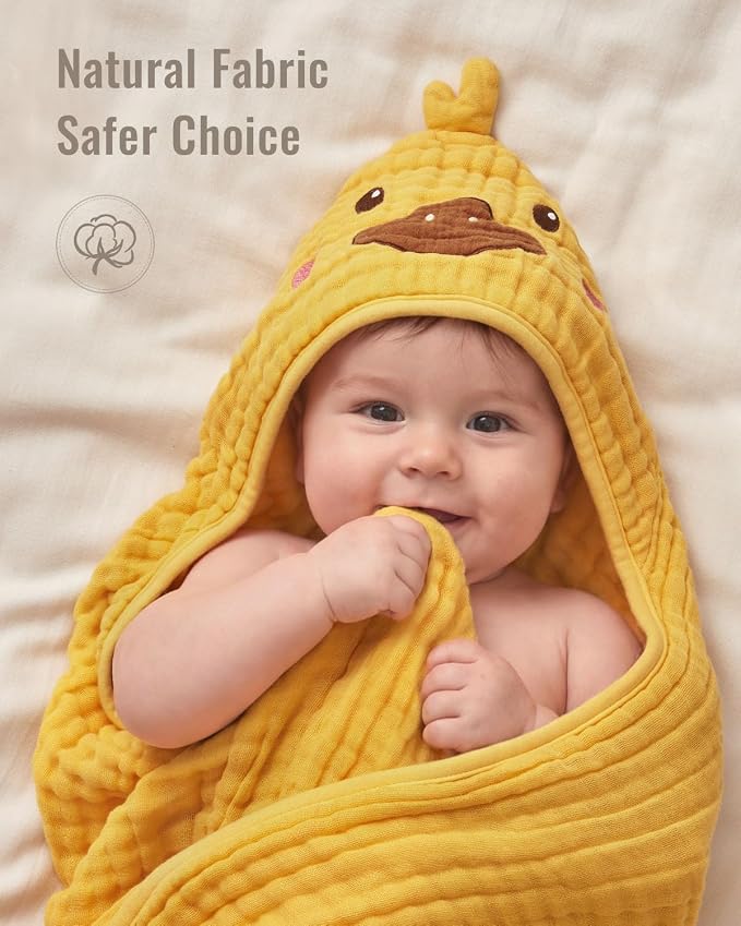 Blissful Diary Muslin Baby Hooded Towel 1 Pack, Soft & Absorbent Bath Towel for Infant, Toddler, Unisex, Baby Gift, Newborn Essentials, Sunny Duck