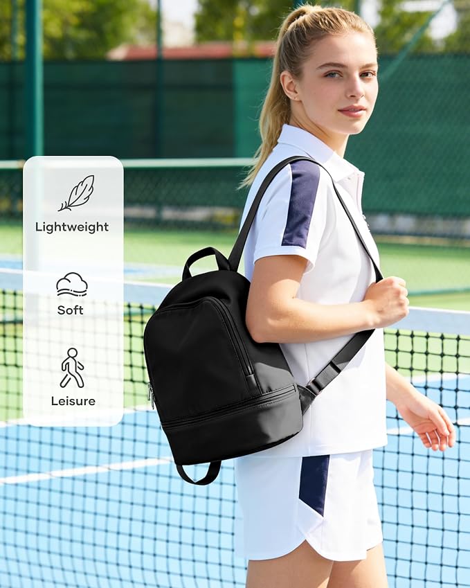 Small Gym Backpack for Women, Office-to-Gym Casual Daypack with Shoe Compartment, Lightweight Water Resistant Small-Size Bag, Clean Fit Style Work Backpack for Daily Use, Black