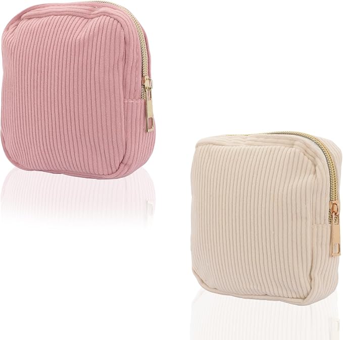 Feminine Corduroy Menstrual Care Bag for Women, Portable Zippered Sanitary Napkin Holder, Cute Travel Cosmetic Pouch for Tampons & Pads