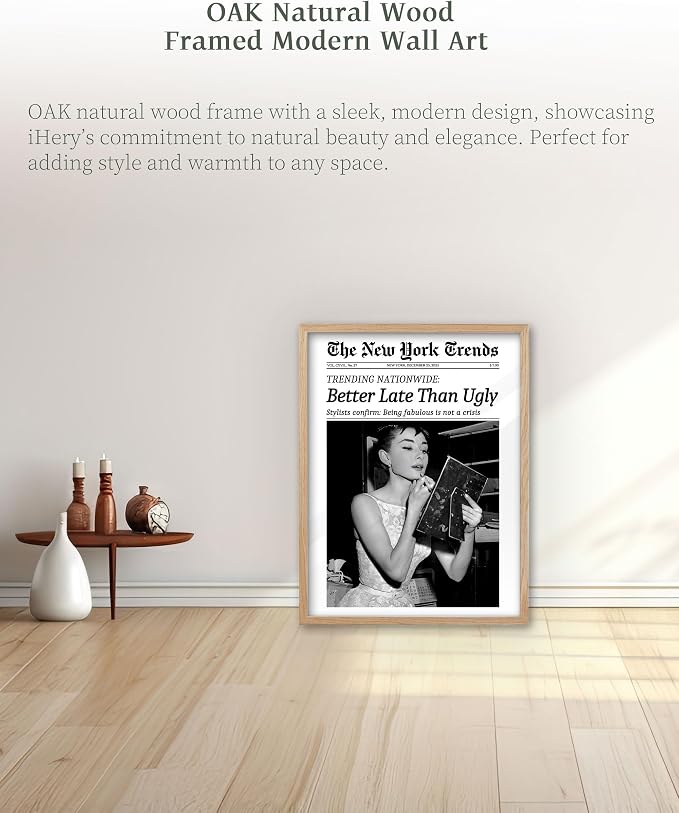 iHery 12x16in Hepburn Better Late Than Ugly Framed Bathroom Wall Art | Natural OAK Wood Frame with Canvas Print, Retro Black and White Decor for Bathroom, Bedroom, Apartment and Girly Room, 1Pack