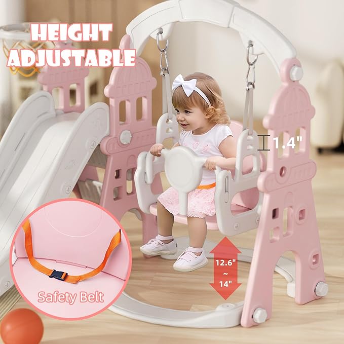 XJD 4-in-1 Toddler Slide and Swing Set, Kids Slide for Toddlers Age 1+, Toddler Outdoor Playset with Basketball Hoop, Swing, Outdoor Indoor Playground for Toddlers 1-3 (Pink)