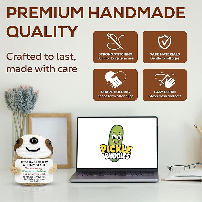 Positive Crochet Animals Sloth Dog - Handmade Emotional Support Crochet Doll Desk Decor Pickle Gifts Emotional Support Plush for Anxiety & Stress Relief