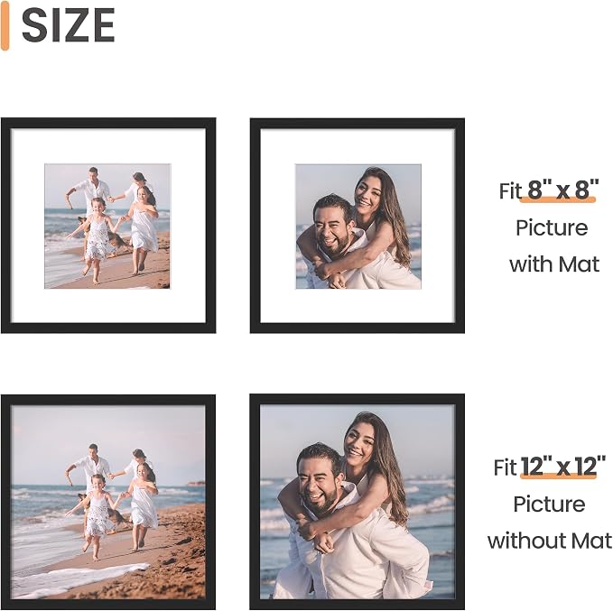 upsimples 12x12 Picture Frame, Display Pictures 8x8 with Mat or 12x12 Without Mat, Wall Hanging Photo Frame, Black, 1 Pack