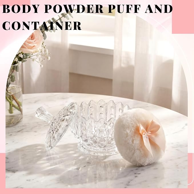Tioncy 3 Pcs Large Body Powder Puff and Container Valentine's Day gift Powder Container with Puff Crystal Case Soft Washable Reusable Velour Face Body Glitter Wet Dry Makeup(Scalloped,Transparent)